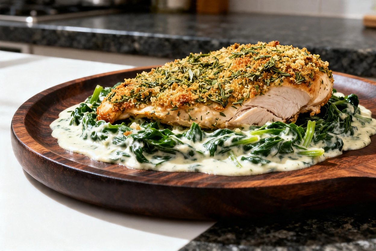 –45 degrees focusing on the texture of the keto herb-crusted chicken and creamy spinach. The dish is