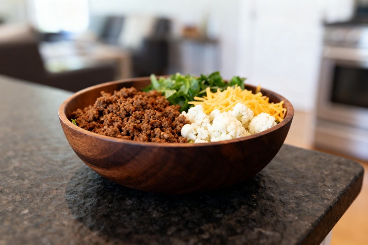 ly 30 degrees, presenting the same portion of the one-pan ground beef taco bowl. The ingredients—sea