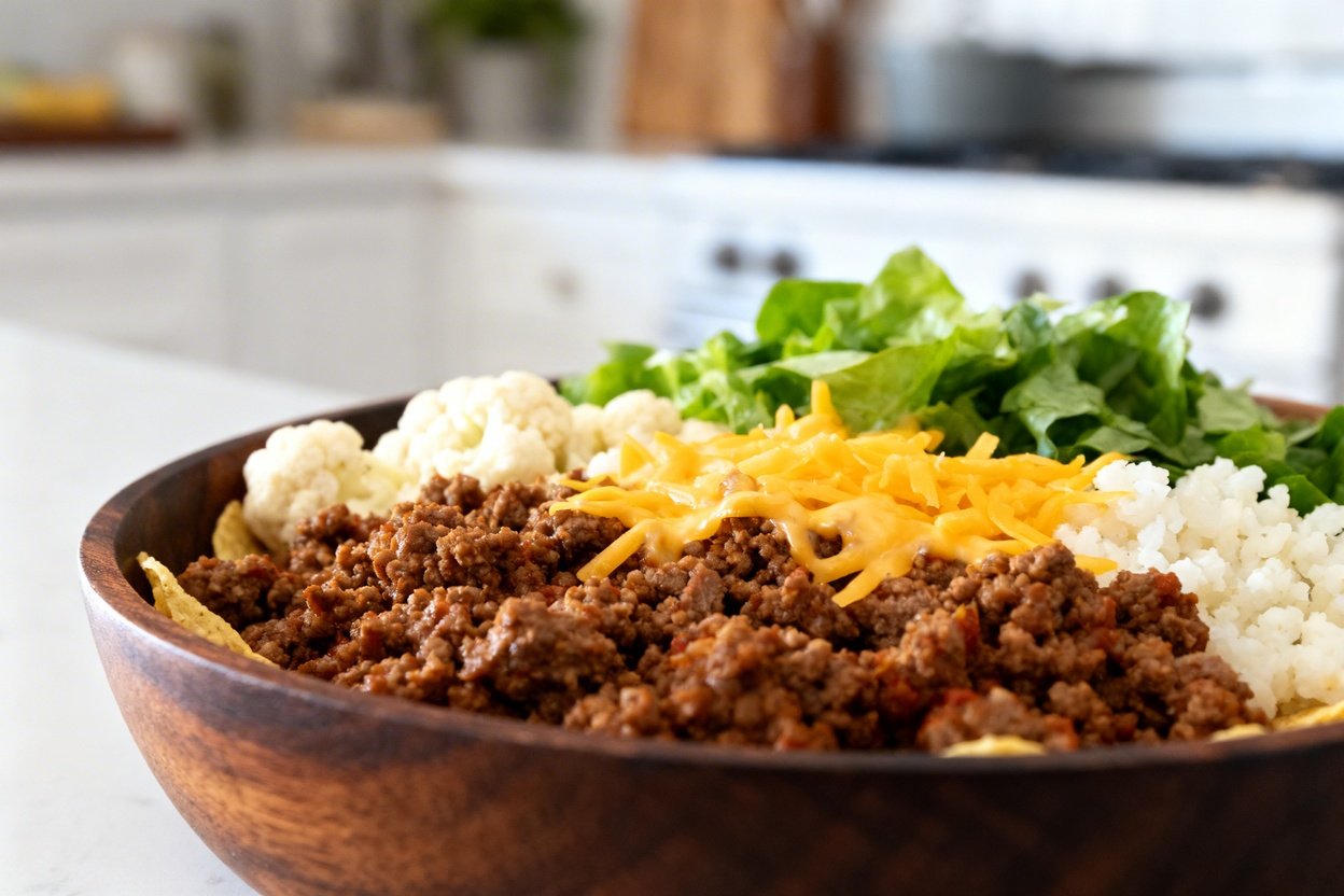 taco bowl at a 35-degree angle, focusing on the texture of the seasoned ground beef, riced cauliflow