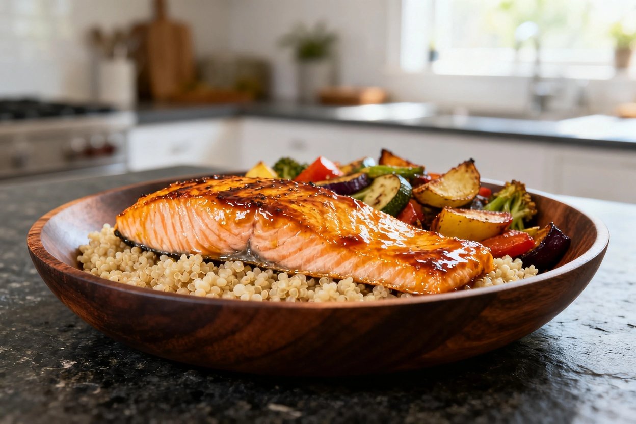 perspective (30–40 degrees) of the same roasted salmon fillet with a savory miso glaze, resting on a