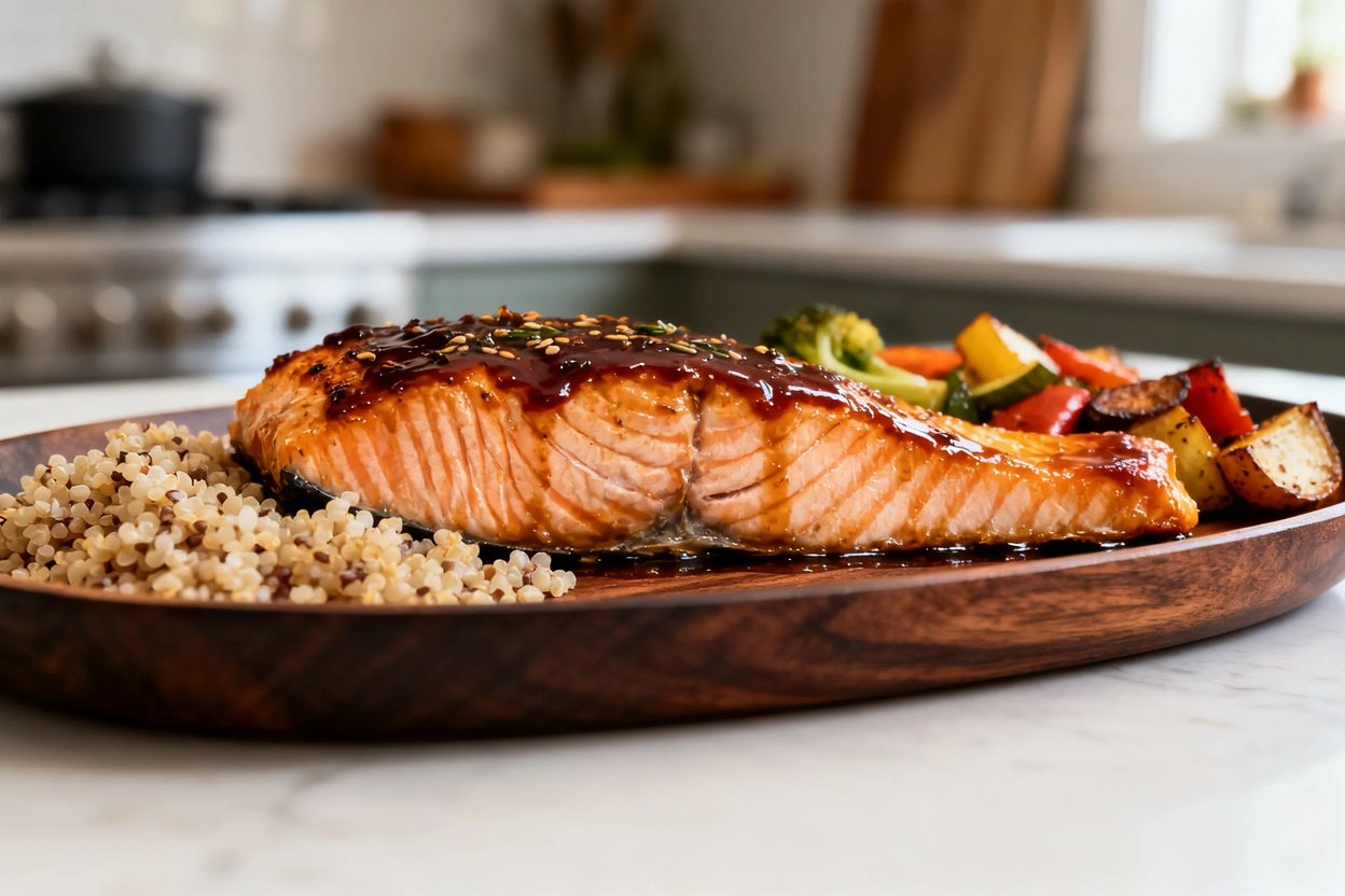 hot (approximately 30–45 degrees) focusing on the texture of the roasted salmon fillet glazed with s