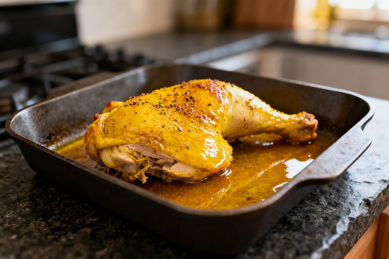 ly 30–40 degrees, of the same oven-baked turmeric chicken, showing the seasoned, vibrant yellow chic