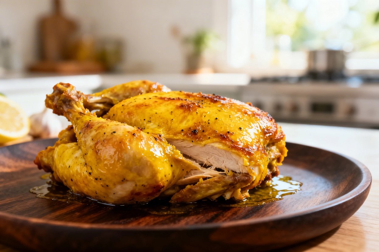  30–45 degrees, focusing on the texture of the juicy, tender oven-baked turmeric chicken. The dish i