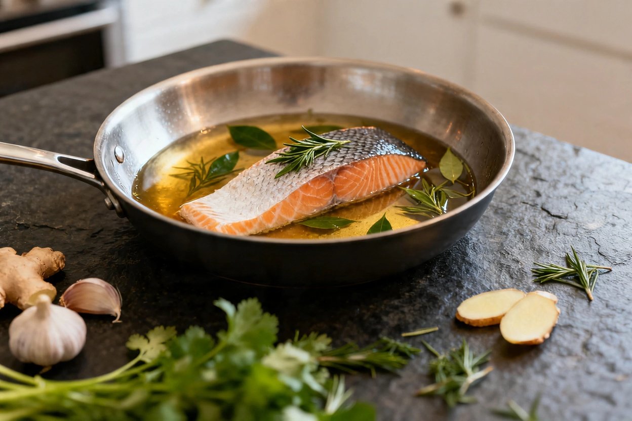 oached salmon infused with green tea, positioned at a 30-degree angle. The dish is shown in a shallo