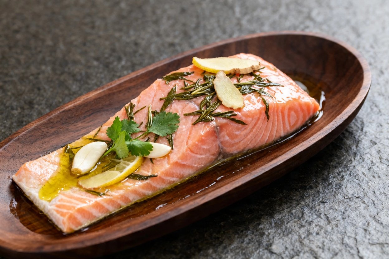 g on the texture of the poached salmon infused with green tea. Plated on dark wood serving dishware,
