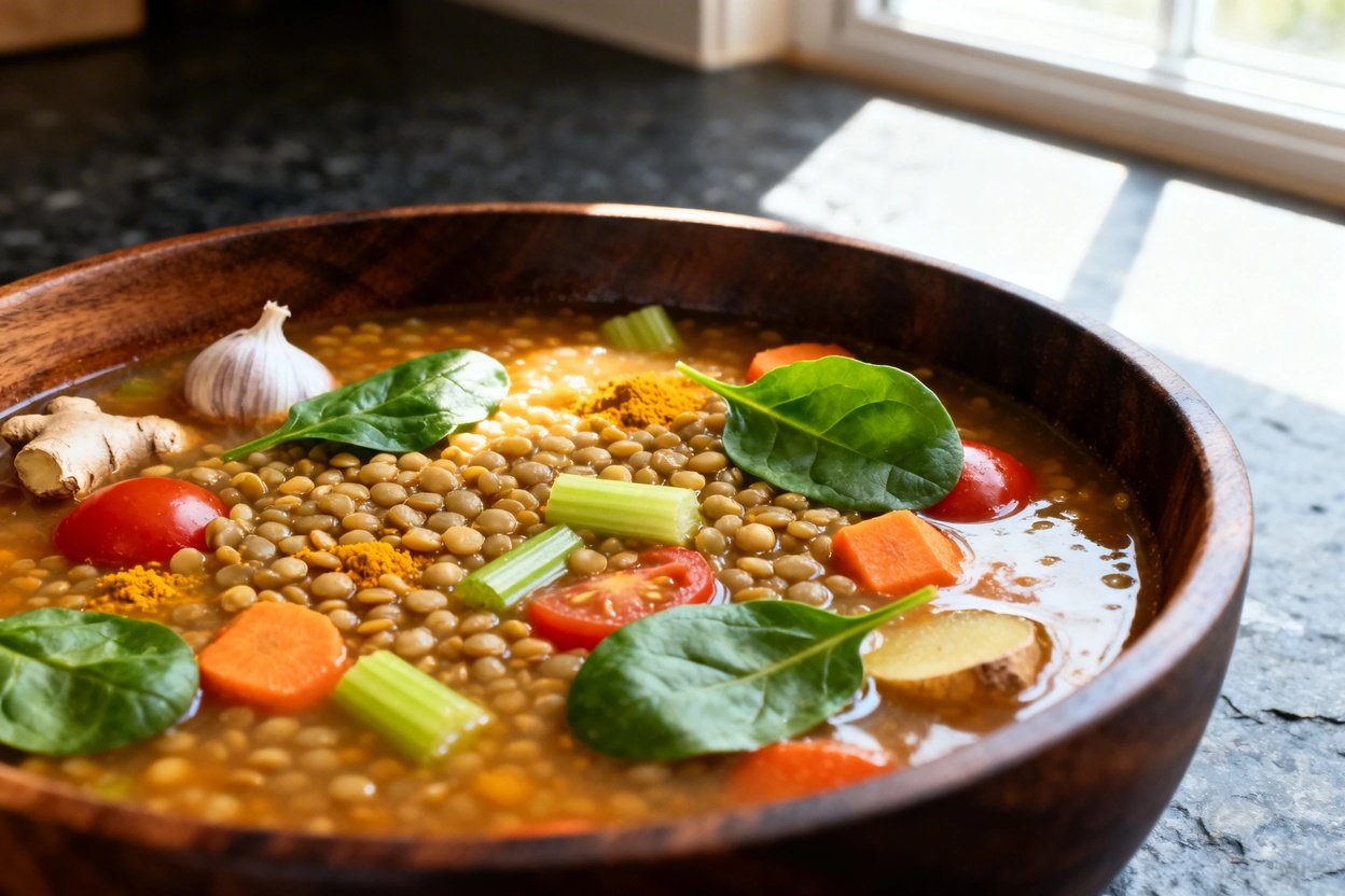arty lentil soup, captured at approximately 30-45 degrees. The texture of the soup with lentils, tur