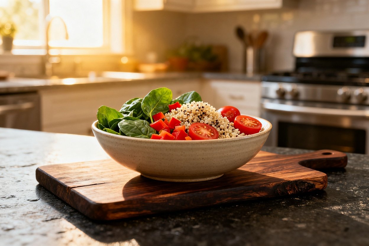 0 degrees, of the same Longevity Vegetable Quinoa Bowl. Presented in the neutral serving bowl used j