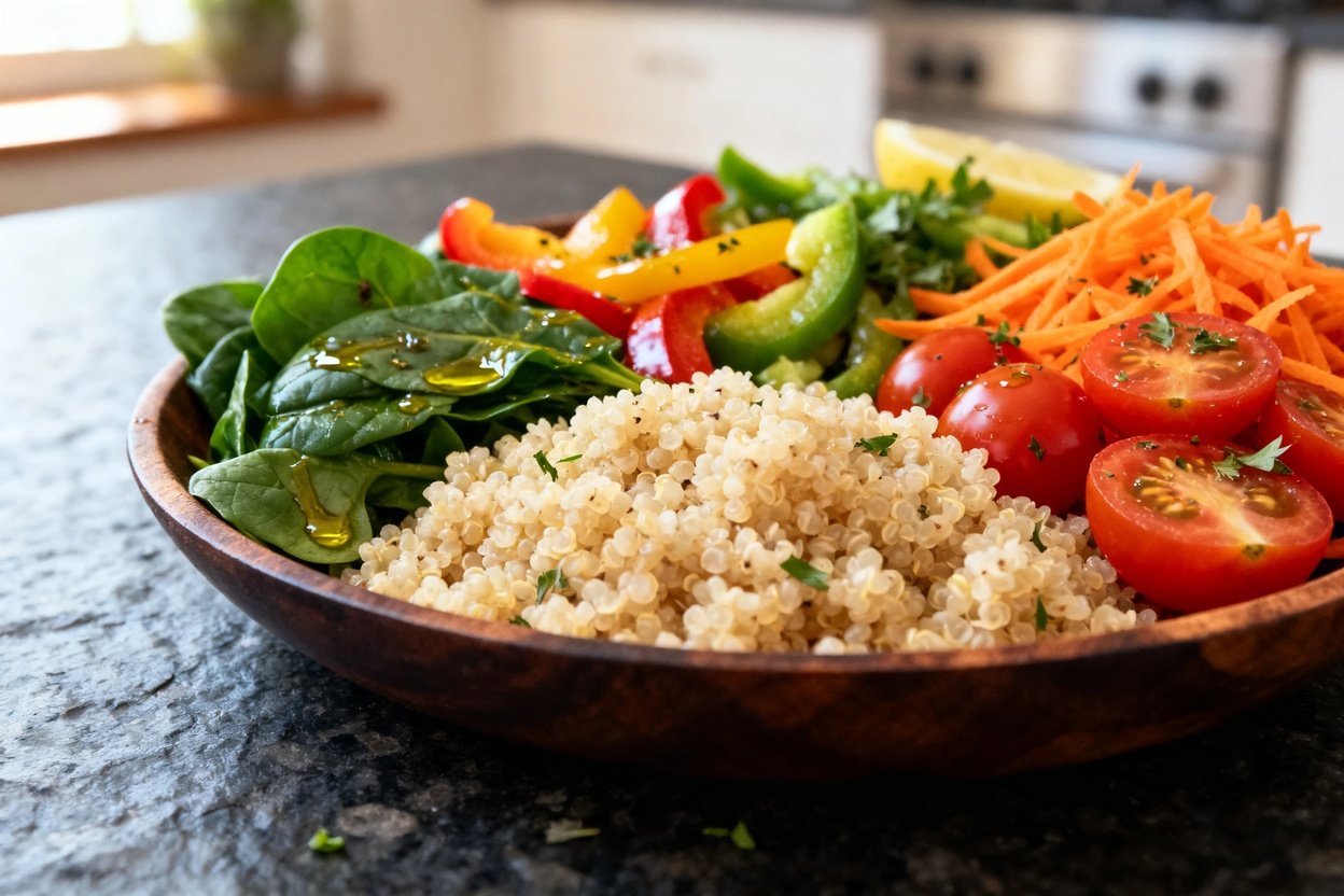 , emphasizing the texture and freshness of the Longevity Vegetable Quinoa Bowl. The image captures t
