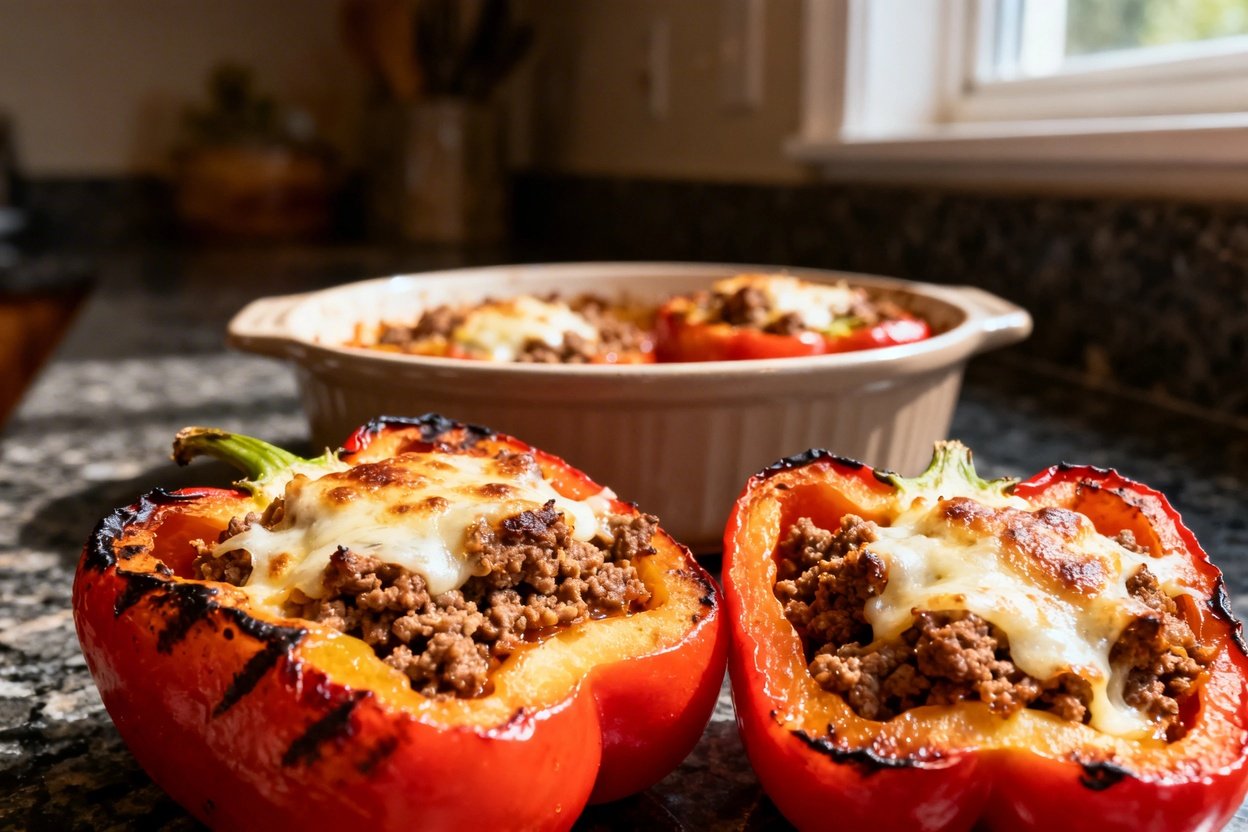 Yellow bell peppers filled with seasoned ground beef and melted cheese. Slightly angled camera perspective adds depth