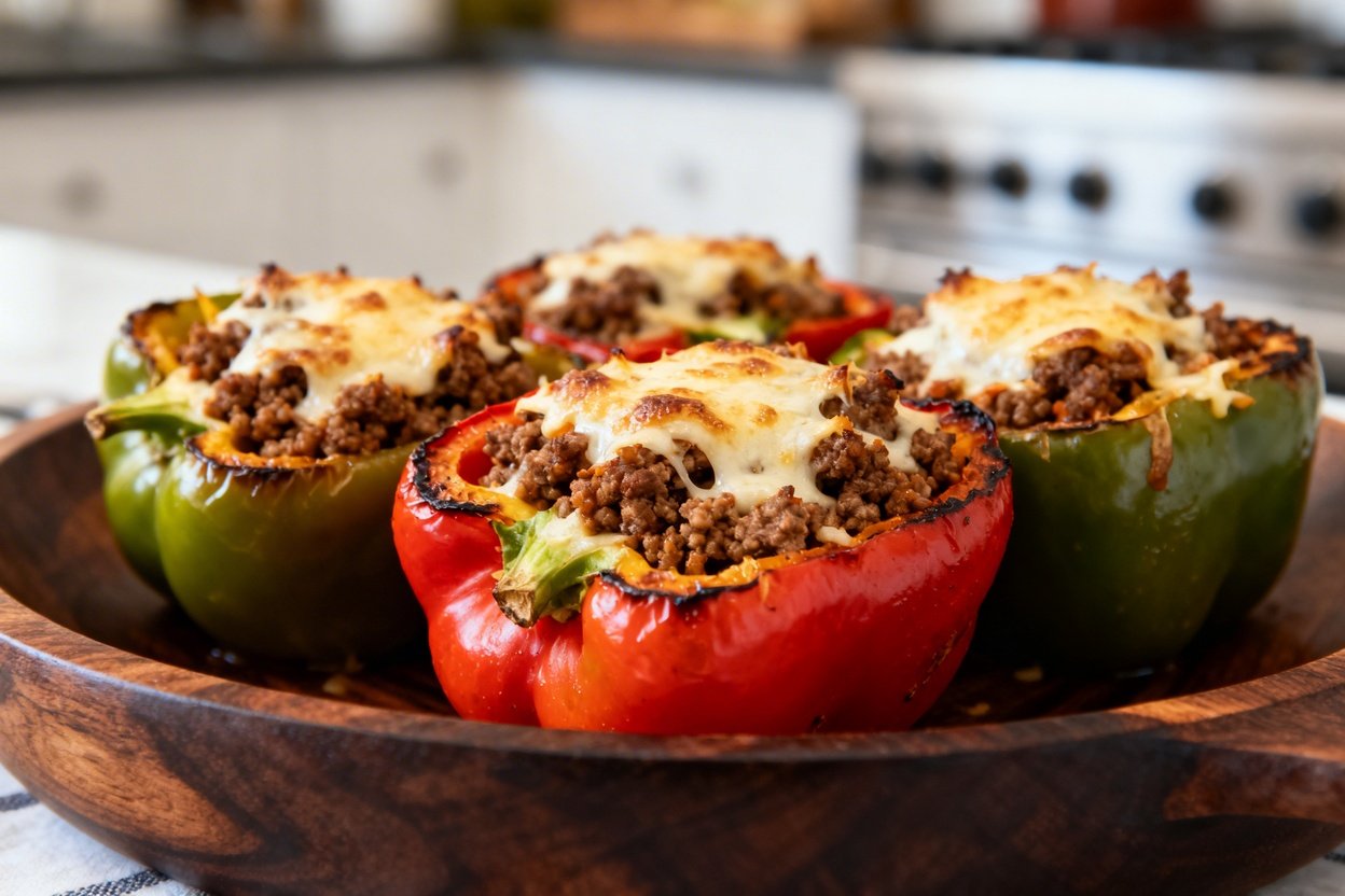 Red bell peppers filled with seasoned ground beef and melted cheese. An angled shot at 30–45 degrees captures the savory detail