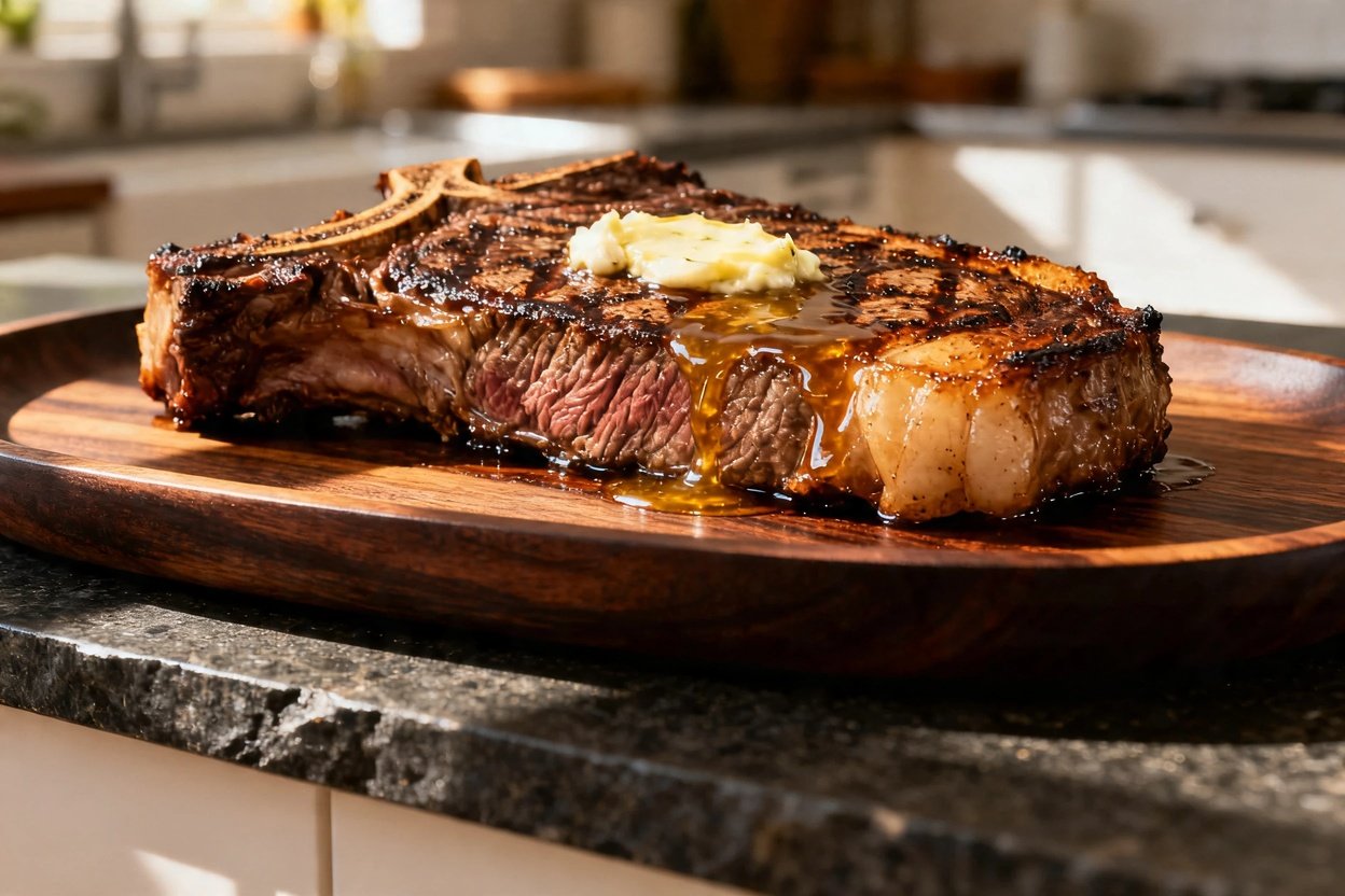 Ribeye steak with garlic butter drizzle, presented at a slightly angled camera perspective of approximately 30–40 degrees
