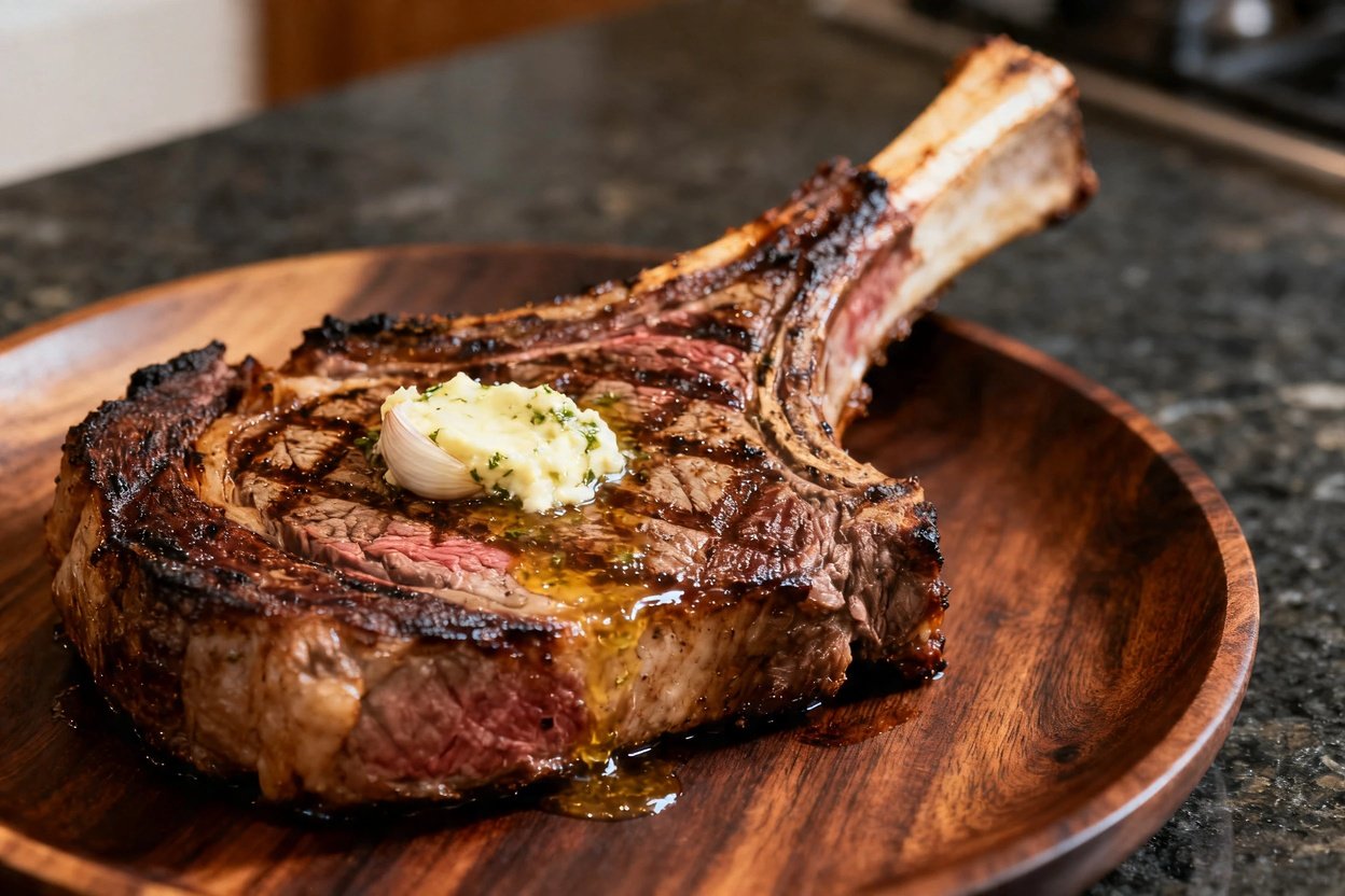 Ribeye steak topped with garlic butter drizzle, captured at a 30–45 degree angle to emphasize its texture. The steak