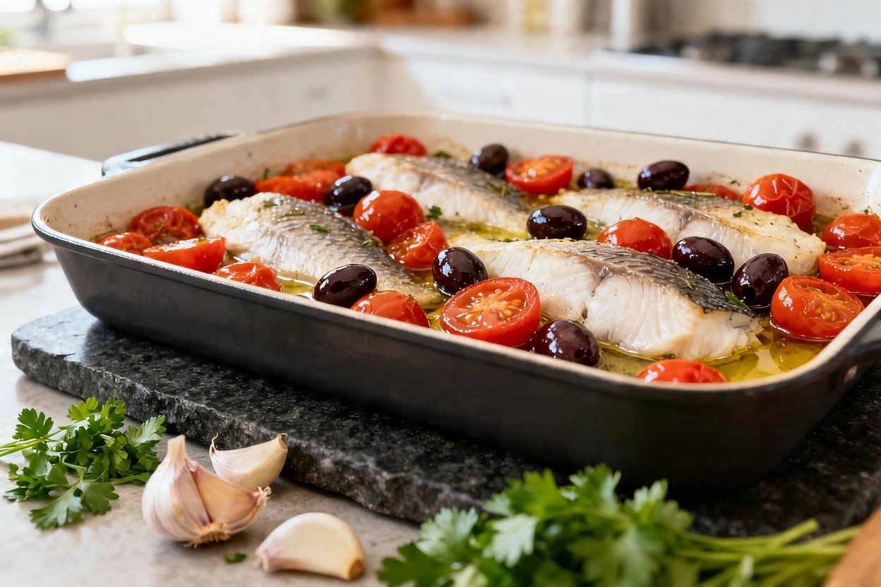 the Mediterranean baked cod in the dish it was baked in. The cod fillets are nestled among the juicy