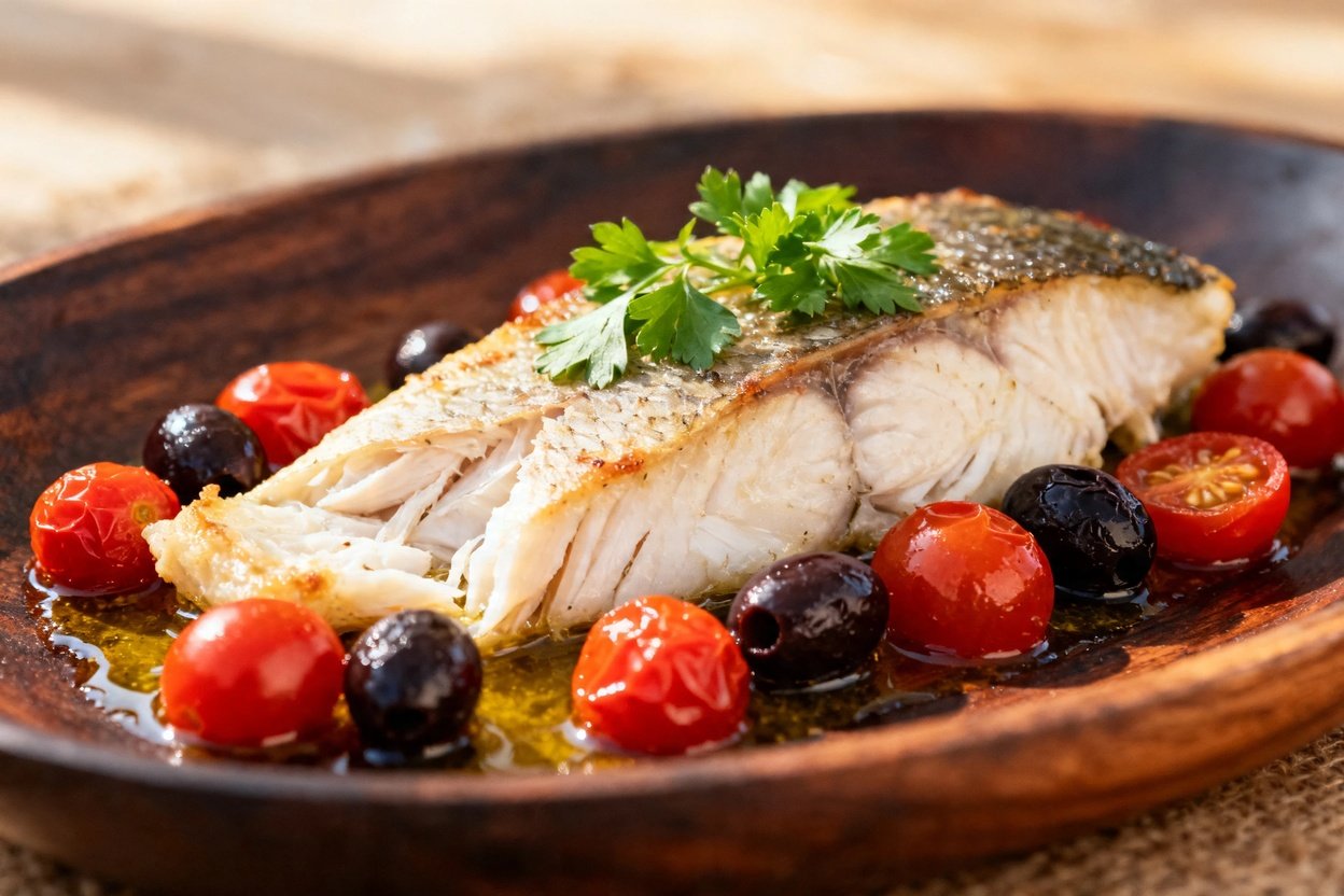od plated on a dark wood serving dish, showing off the flaky texture of the fish and the plump, juic