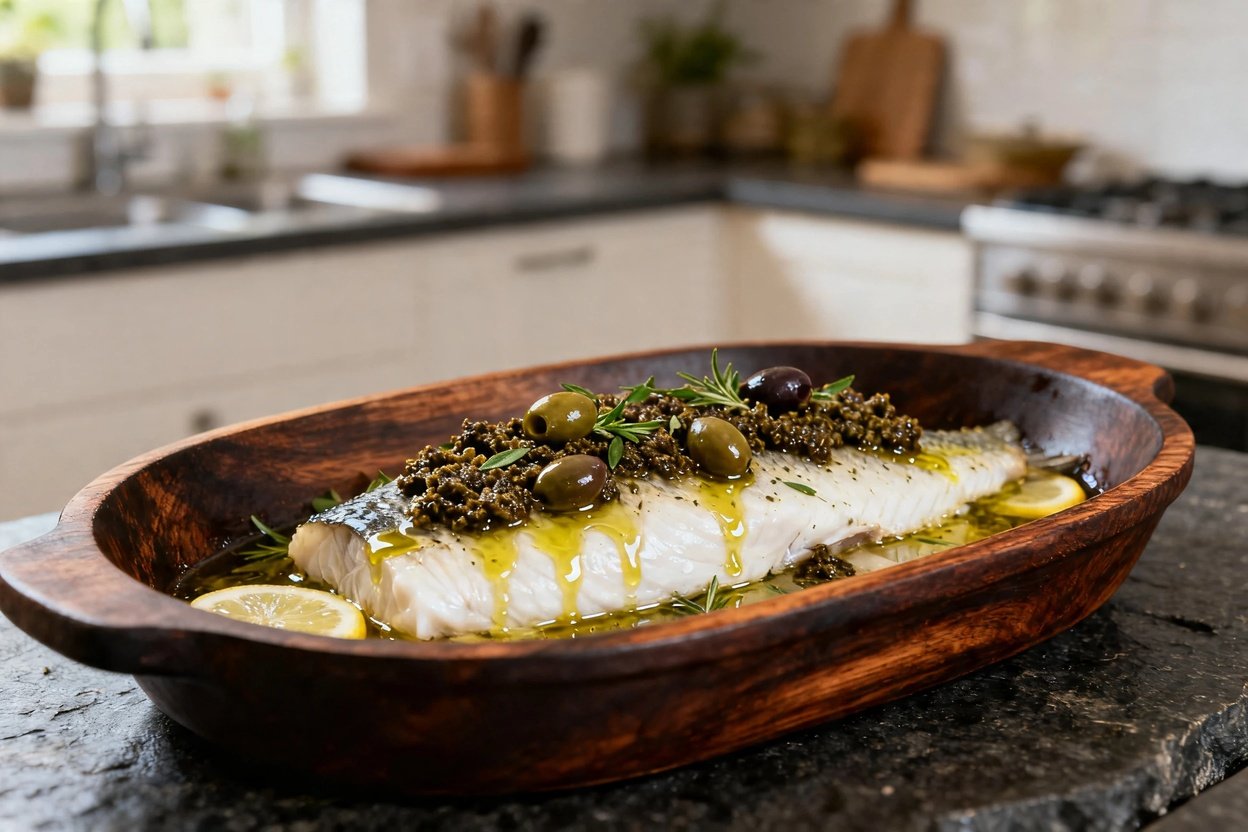 Mediterranean baked fish in a dark wood baking vessel