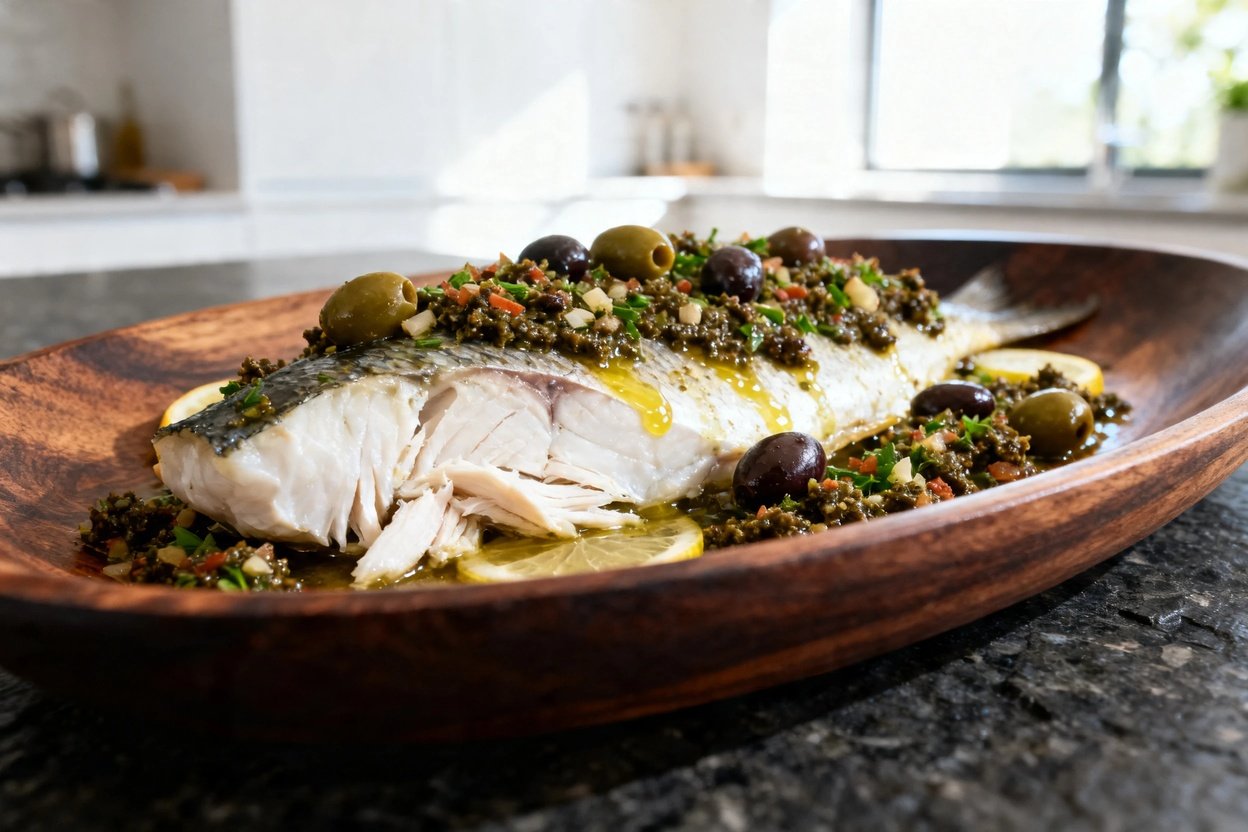 Focus on the Mediterranean baked fish plated on dark wood serving dishware