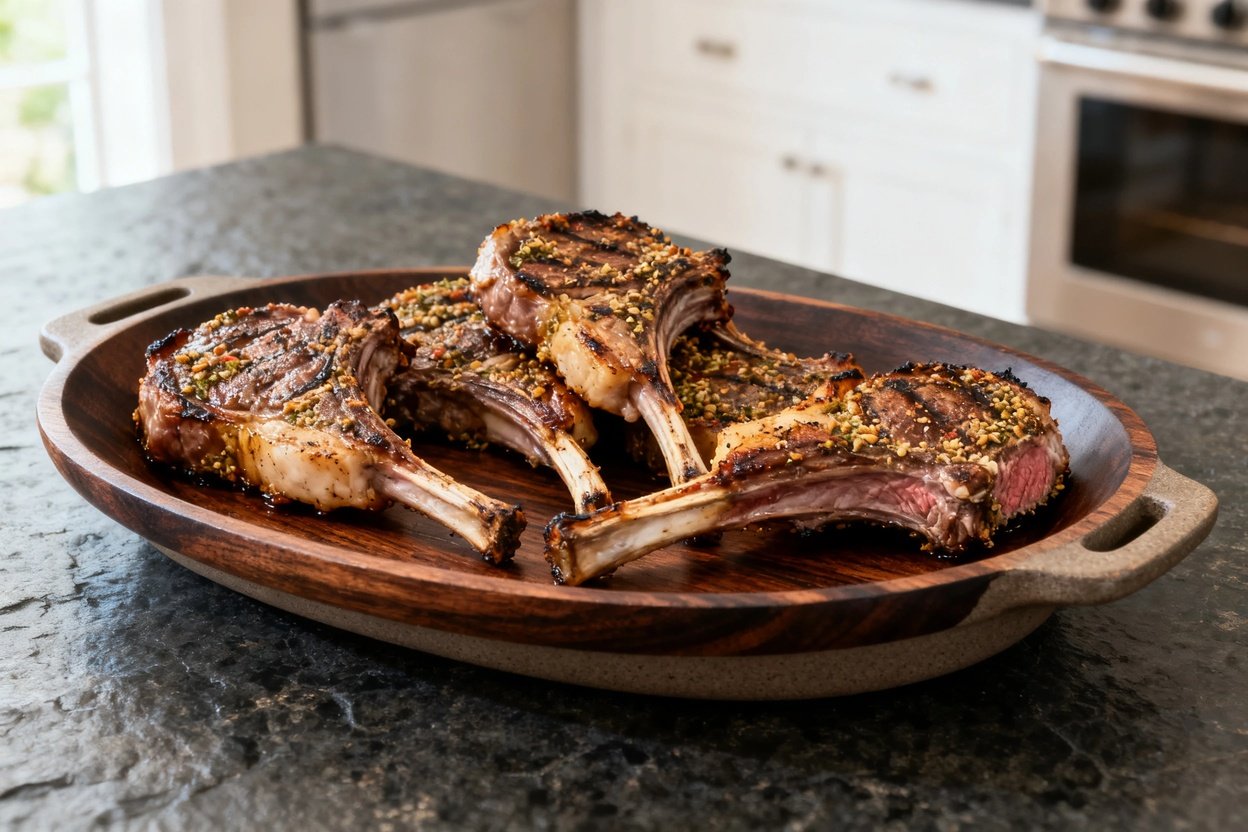 ately 30–40 degrees, of the same portion of grilled lamb chops. The portion is identical to Image 1,