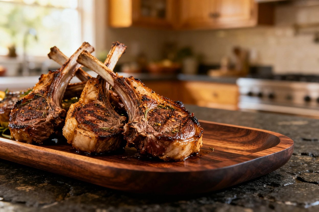 degrees, highlighting the texture and juicy, flavorful crust of the grilled lamb chops on a dark woo