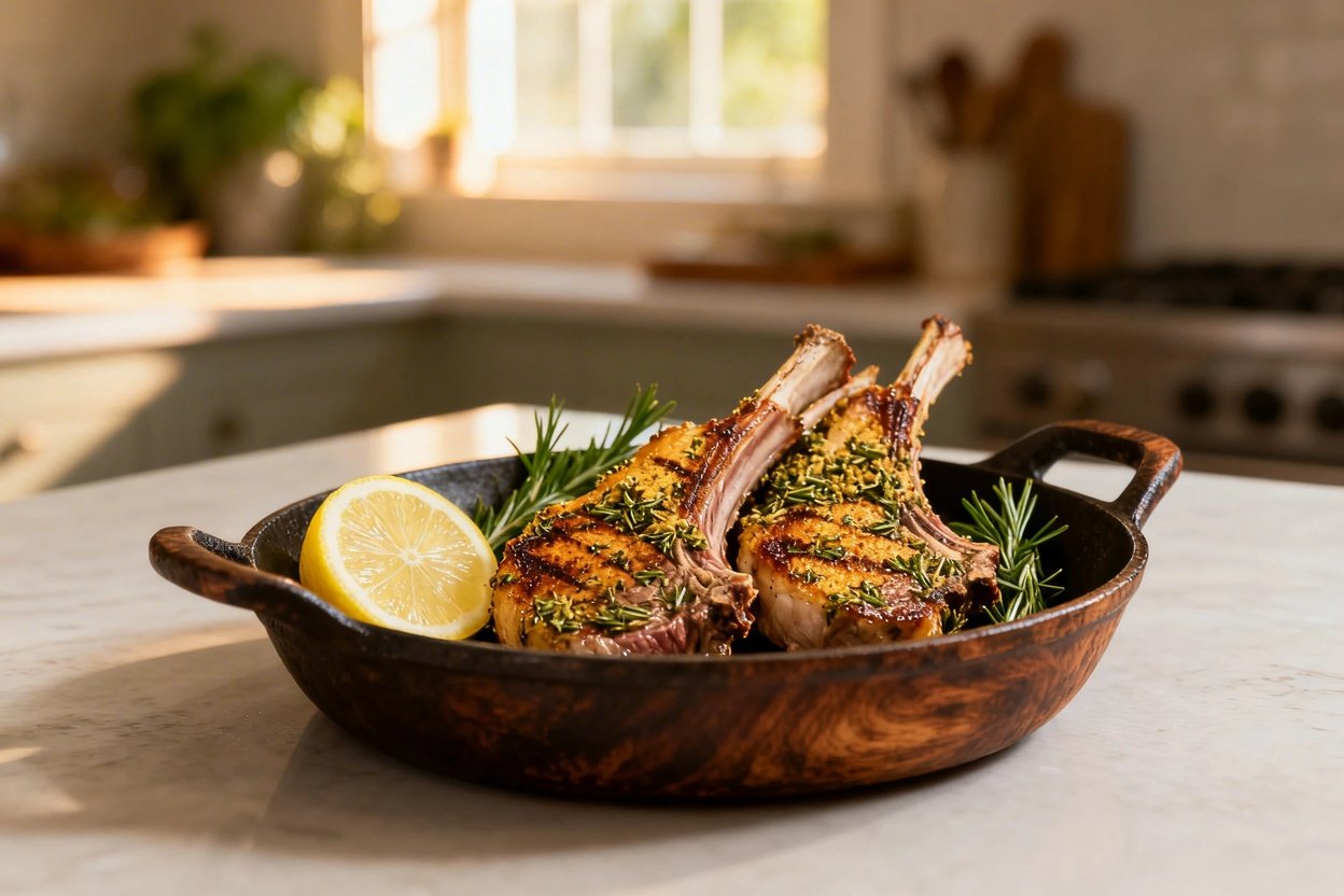 usted lamb chops at a 30-40 degree angle, still centered in the frame. This view emphasizes the sear