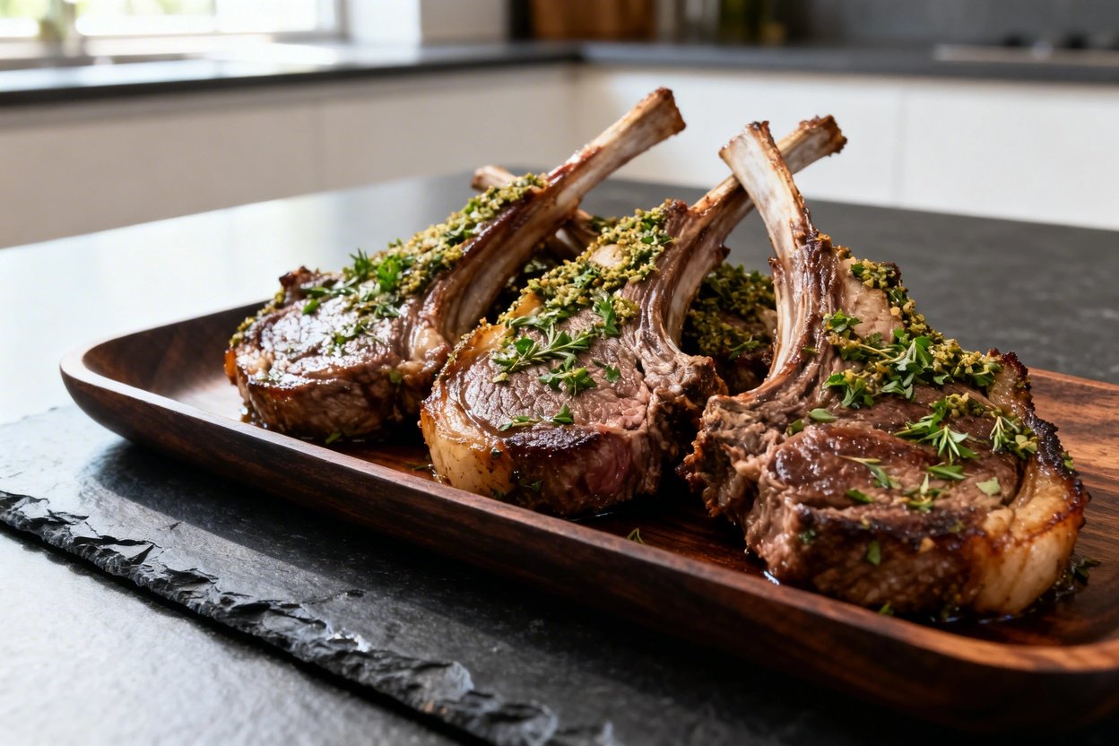  chops at a 30-45 degree perspective, accentuating the texture and vibrant tones of the herb crust.