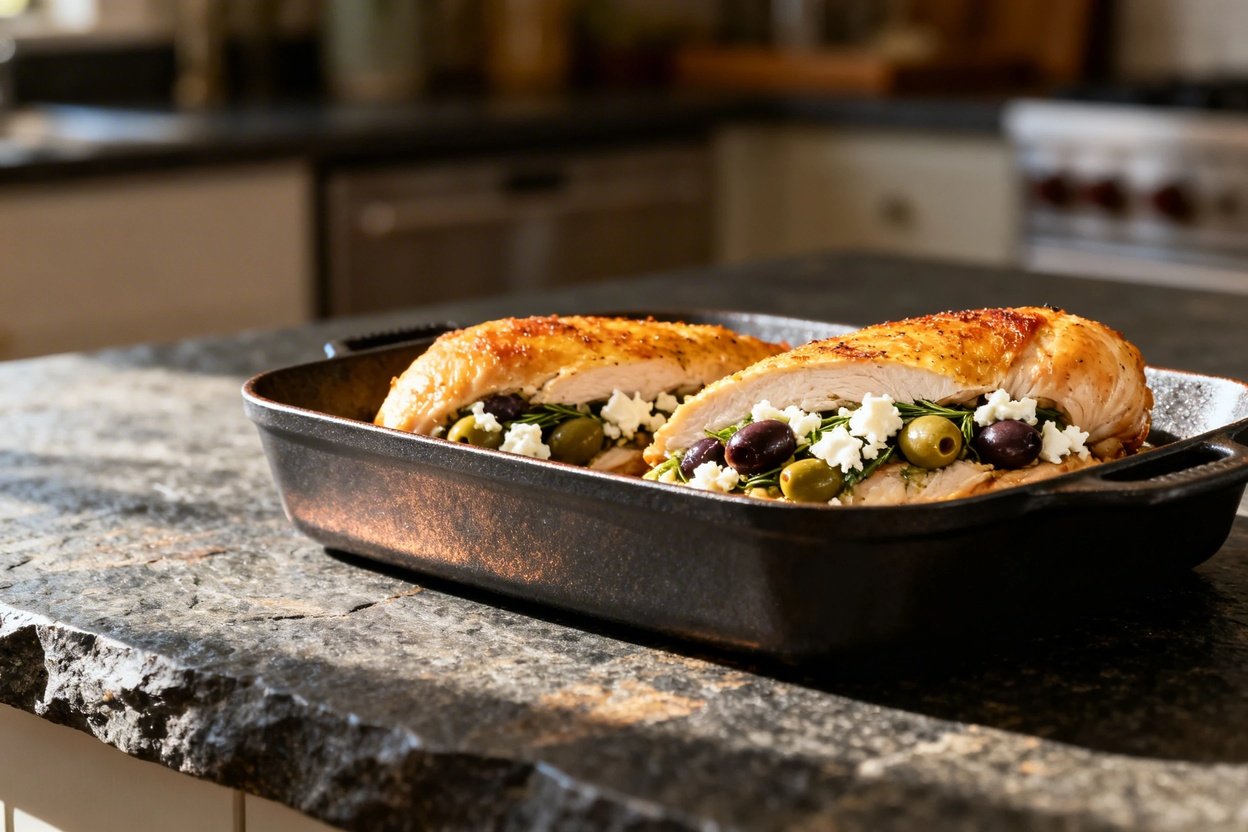 40 degrees, view of the Mediterranean Olive and Feta Stuffed Chicken Breast, showcasing the same portion