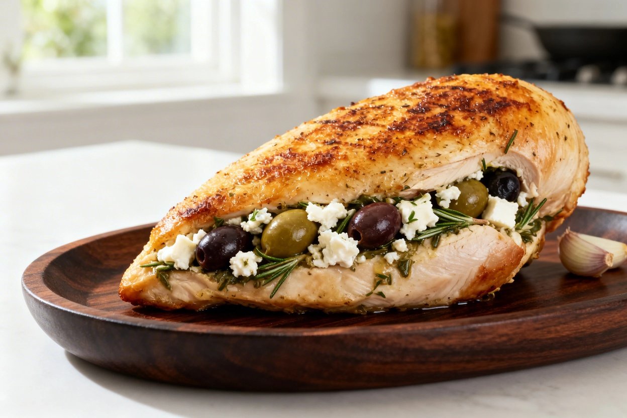 Approximately 30–45 degrees, presenting the Mediterranean Olive and Feta Stuffed Chicken Breast on plate