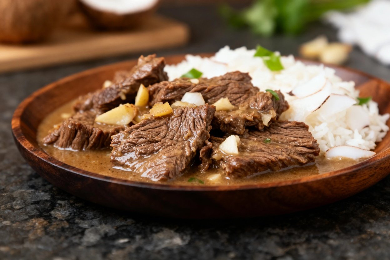 e Paleo AIP Ginger Coconut Braised Beef from an angled hero perspective, approximately 30-45 degrees