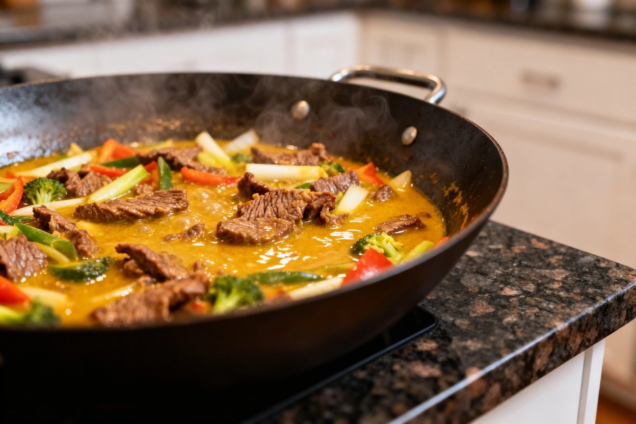 spective (approximately 30–40 degrees), this image depicts the same Ginger Turmeric Beef Stir-Fry po