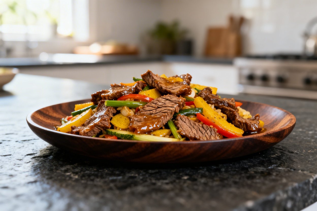 tely 30–45 degrees) of the Ginger Turmeric Beef Stir-Fry, served on a dark wood plate. The focus is