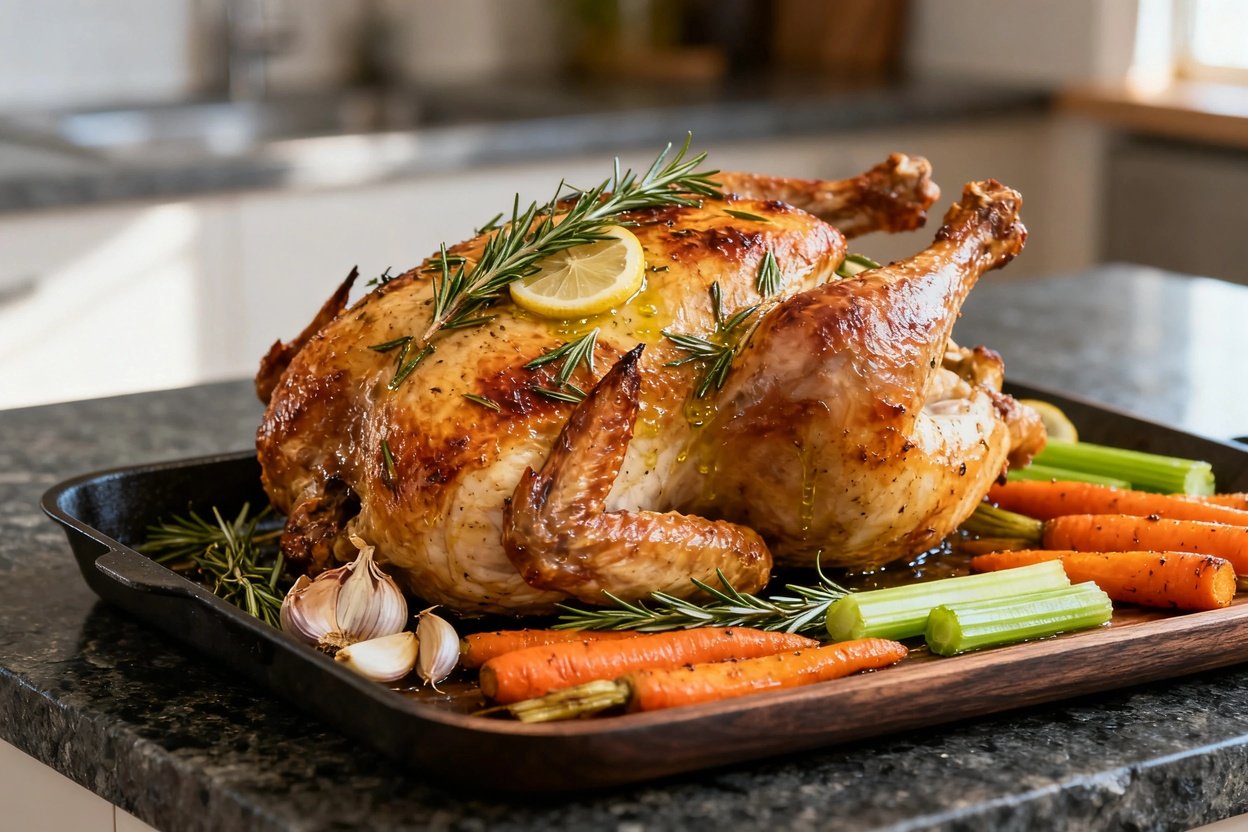 Largely roasted whole chicken, showcasing a crispy golden-brown skin infused with rosemary and garlic