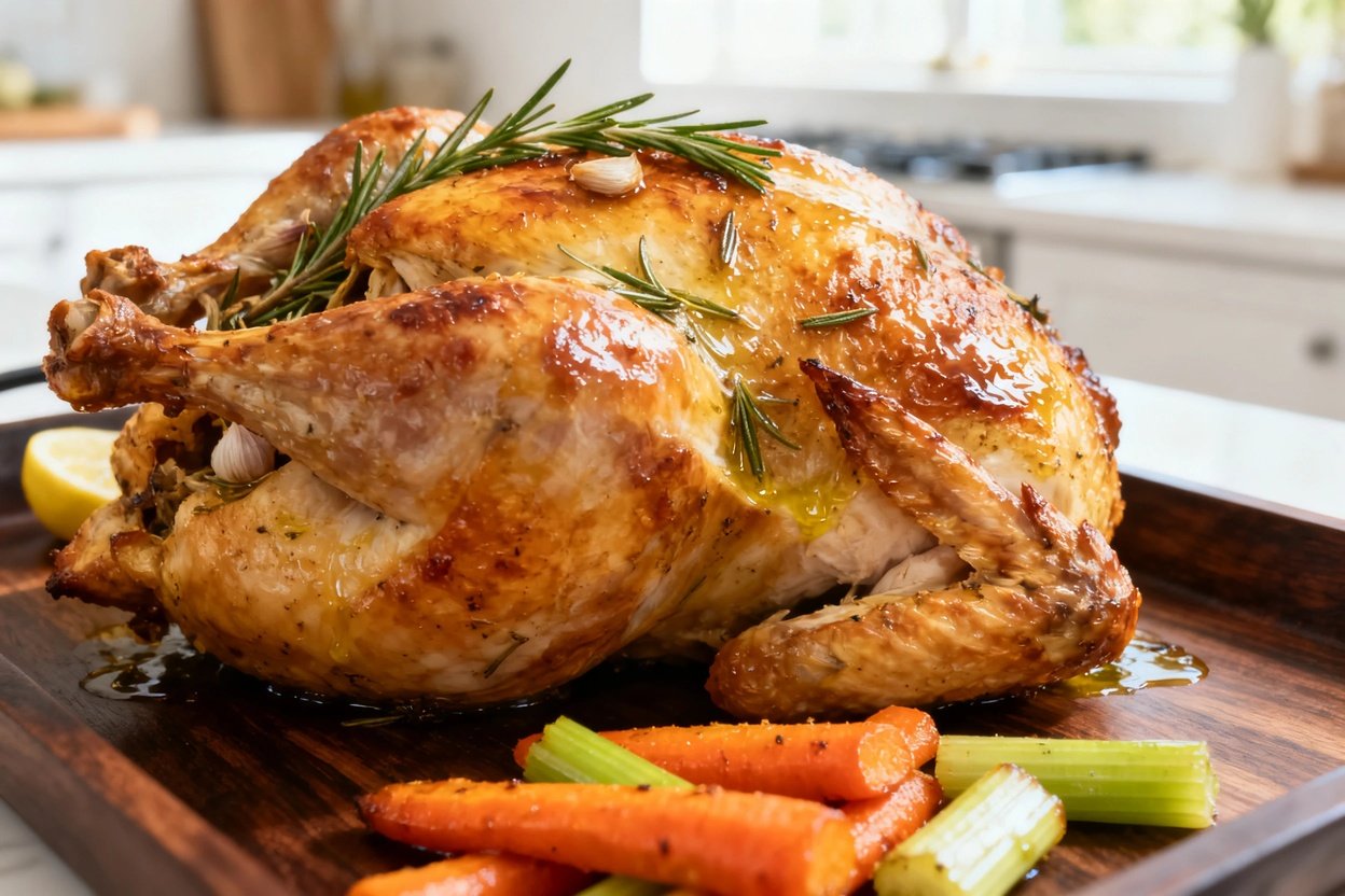 Close-up view of the roasted whole chicken highlighting its golden texture and crispy skin