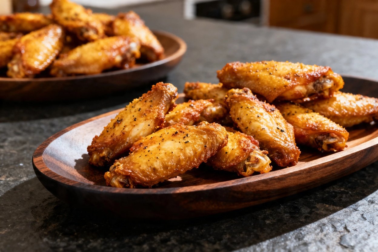45 degrees, of the crispy, zesty baked chicken wings, emphasizing the textured golden skin. Wings ar