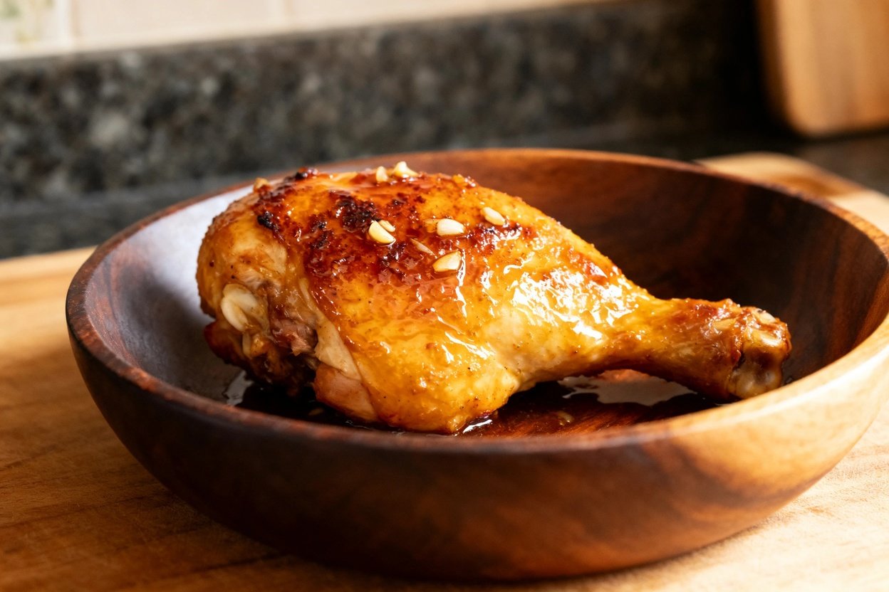 Close-up of the same caramelized chicken thigh dish, showcasing the golden-brown sear and the luxurious honey garlic glaze