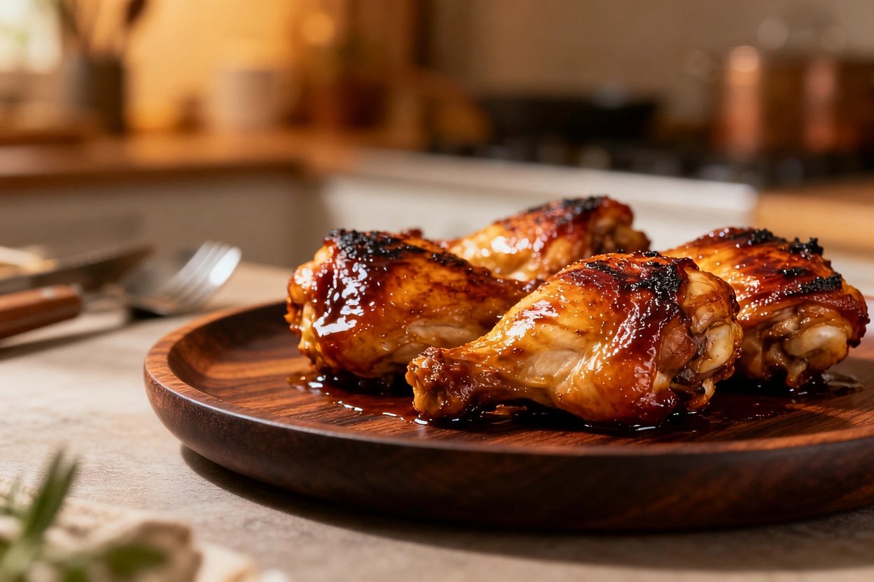 Focus on the intricate texture of the caramelized exterior of the chicken thighs. The dish is presented beautifully