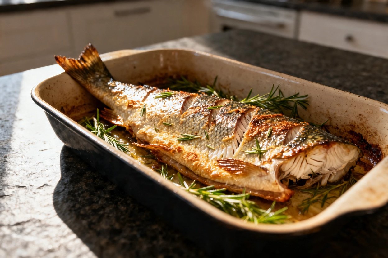 d view of the roasted trout fillet, placed in the final roasting dish. The dish remains centered, se
