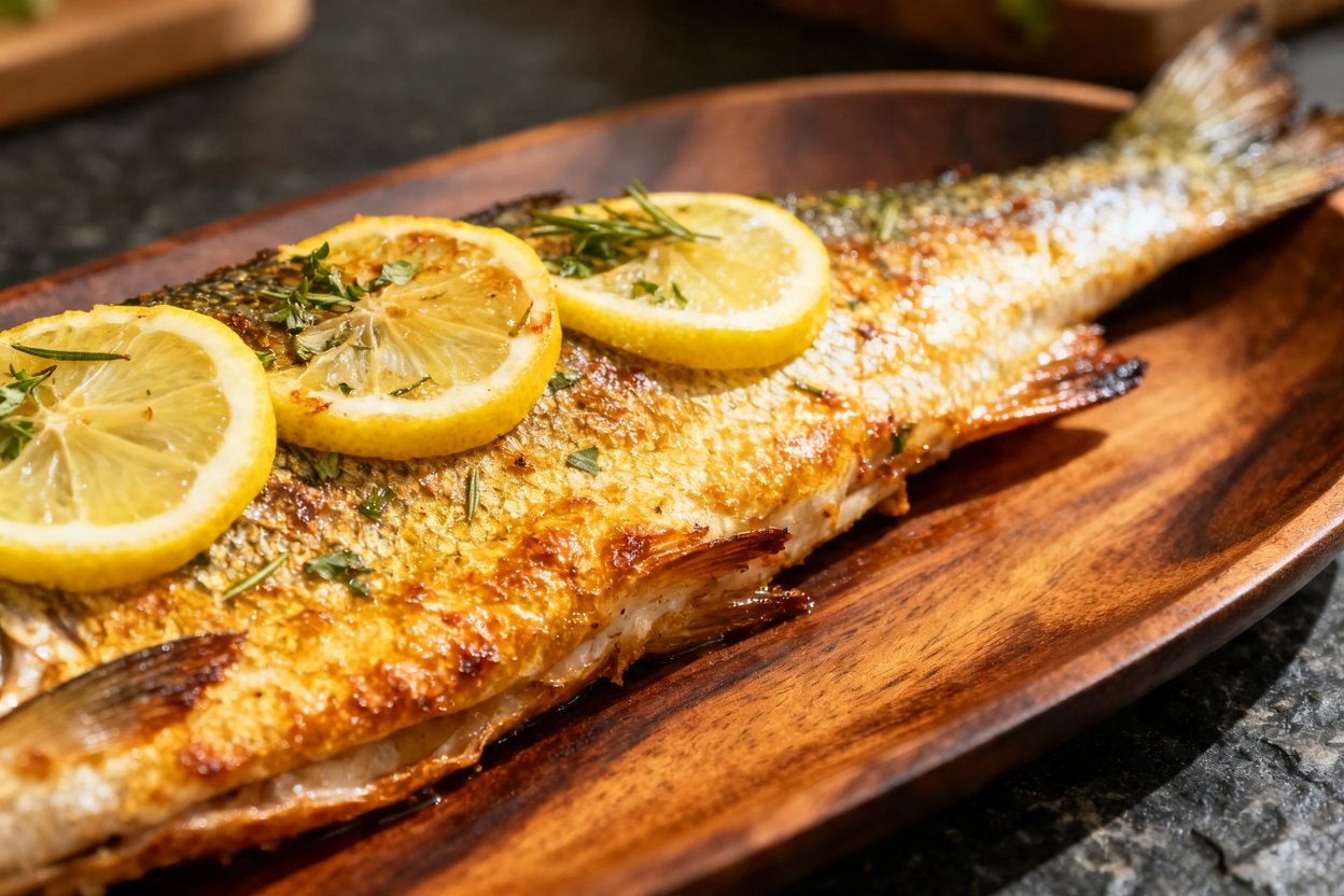 hot at about 40 degrees, highlighting the texture of the roasted trout fillet plated on dark wood se