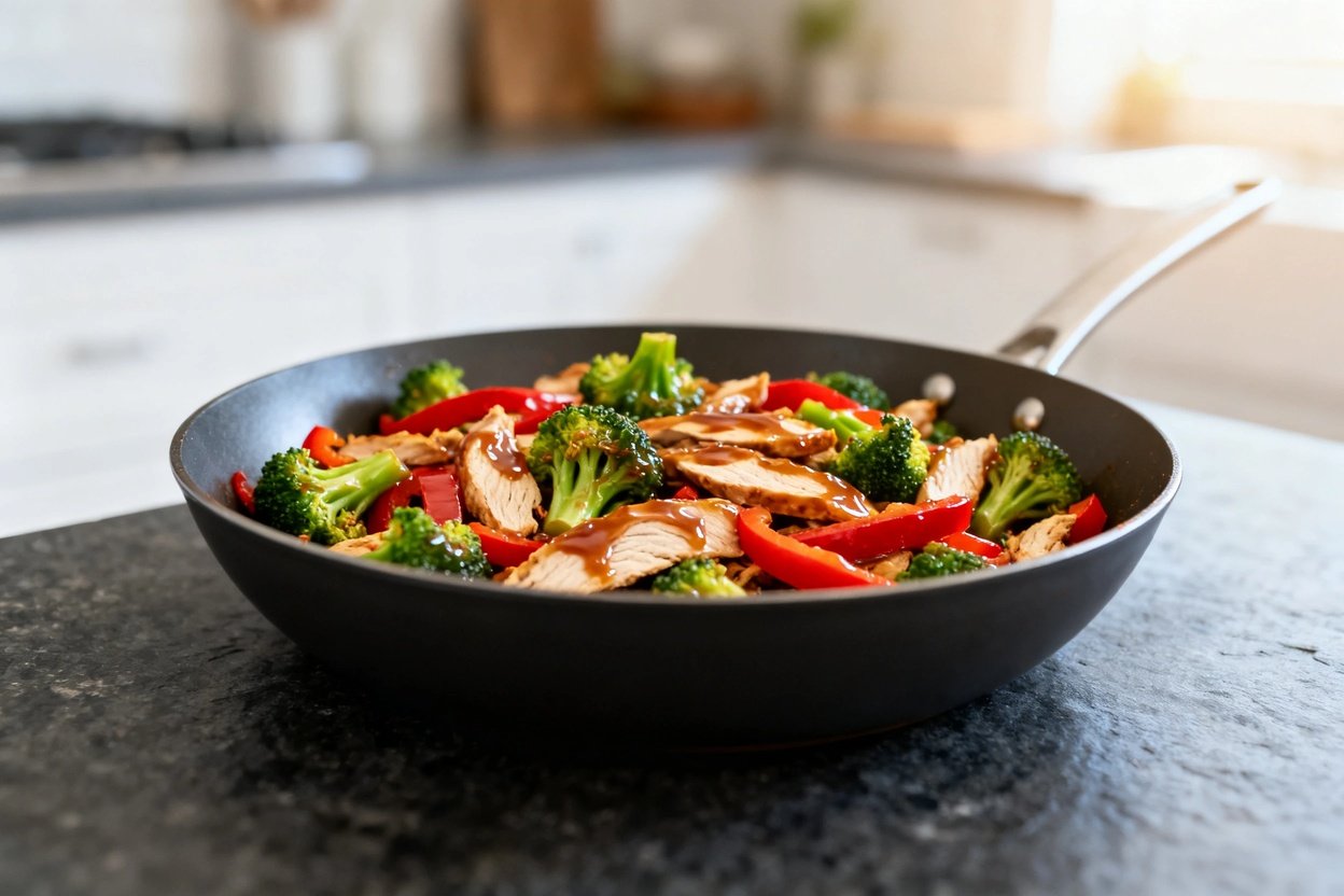 Aleo spicy chicken stir fry, viewed at a slight angle of 30–40 degrees, highlighting the thinly slic