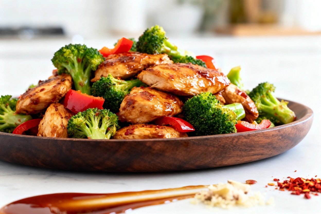 Ot of the vibrant Paleo spicy chicken stir fry, emphasizing the dish's rich texture and glossy finis