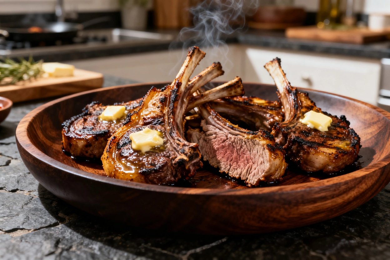n the texture of the grilled lamb chops, approximately 30–45 degrees, centered on dark wood serving