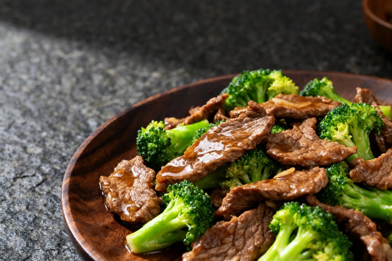 ) focusing on the beef and broccoli stir-fry plated on a dark wood serving dish. This image highlights