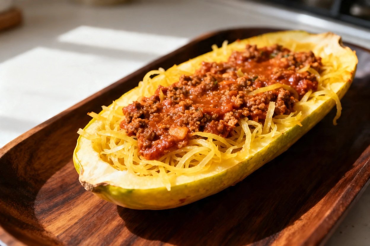degrees, highlighting the texture of the spaghetti squash Bolognese. The dish is again plated on dar