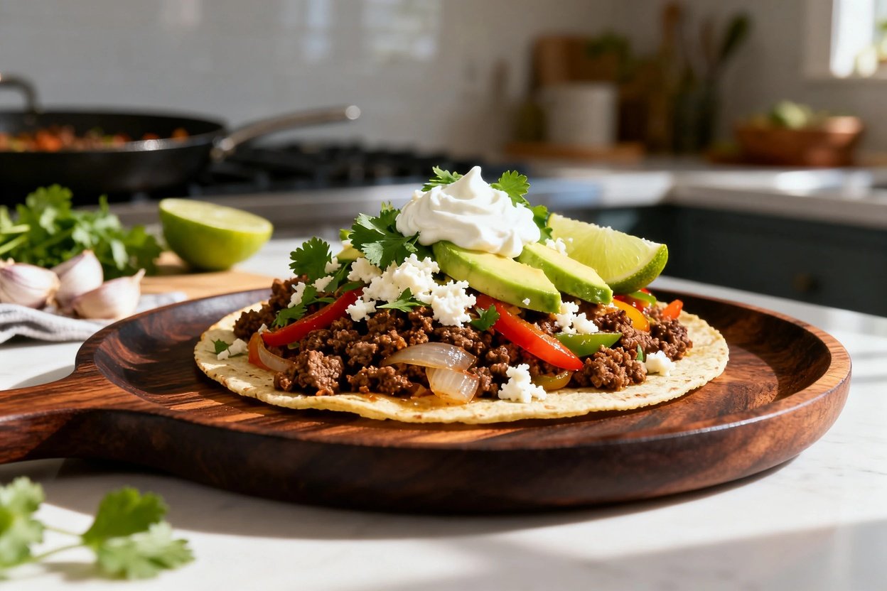 Ef taco, featuring the flavorful filling of seasoned ground beef with onions, garlic, and bell peppere