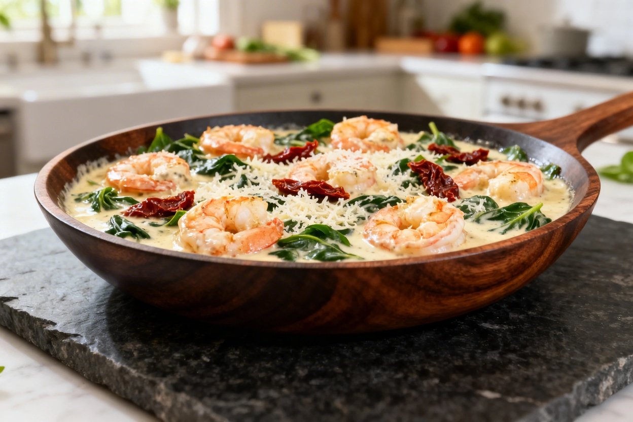 presented at a 30-40 degree angle, capturing the succulent shrimp sitting in a heavy cream and parme