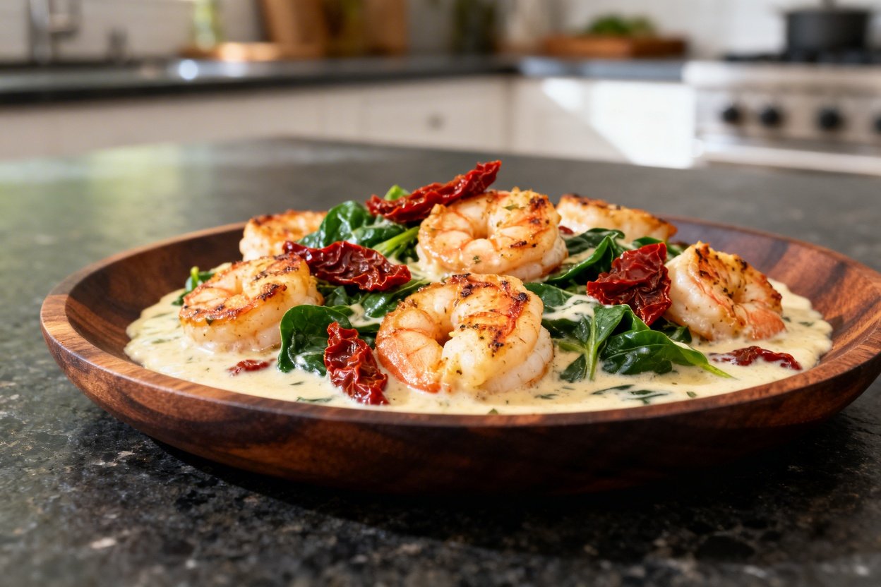 Tuscan shrimp, approximately 30-45 degrees, emphasizing the texture and color of the seared shrimp a