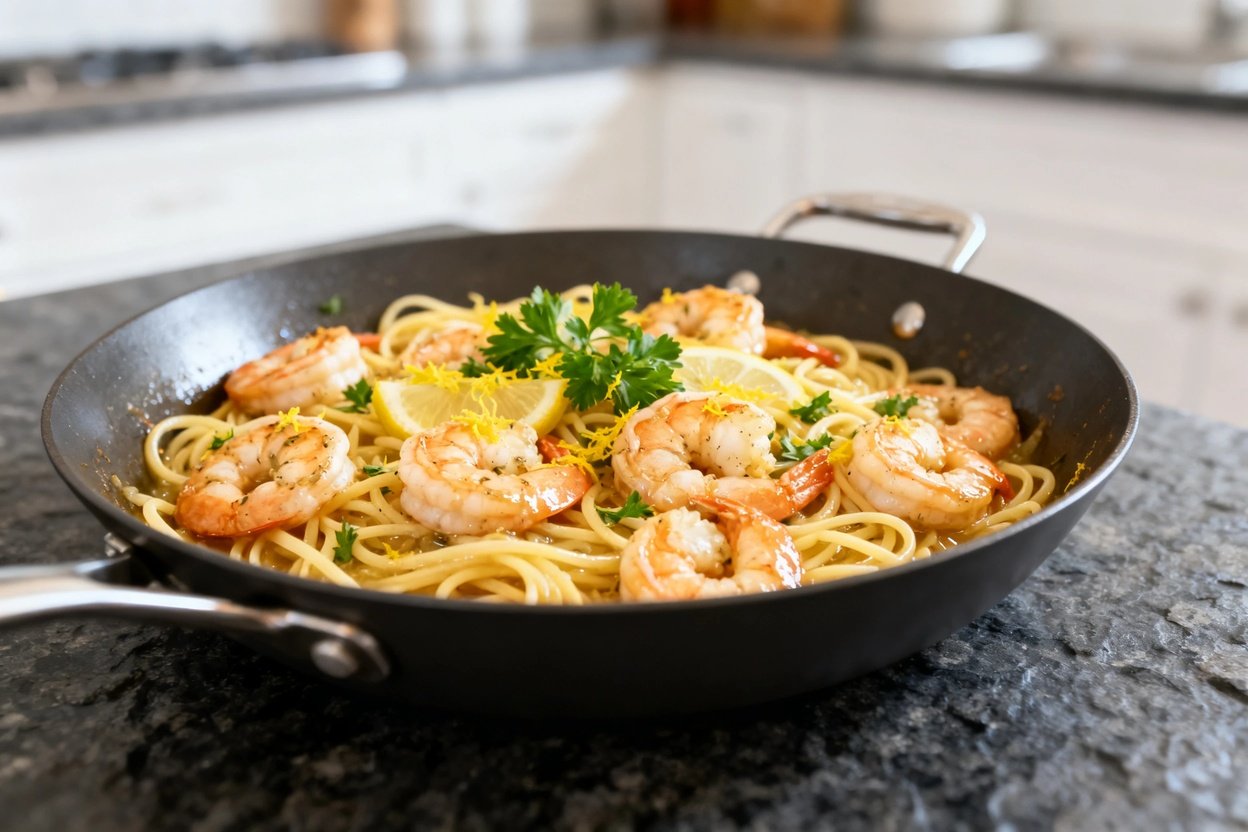 40 degrees, perspective of the lemon garlic shrimp pasta, presented in the pan it was cooked in, ill