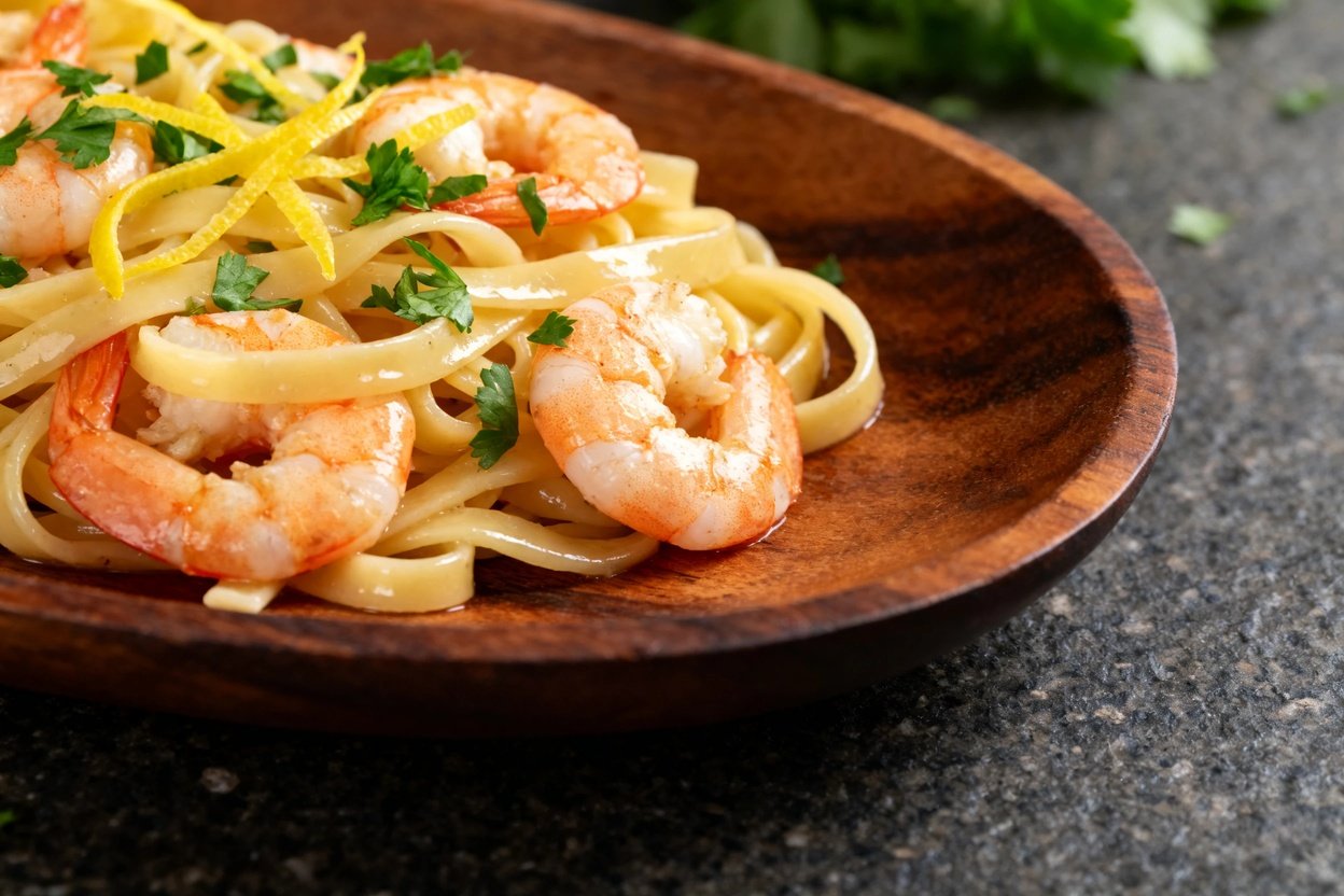 close-up shot that emphasizes the texture and detail of the lemon garlic shrimp pasta. The dish is