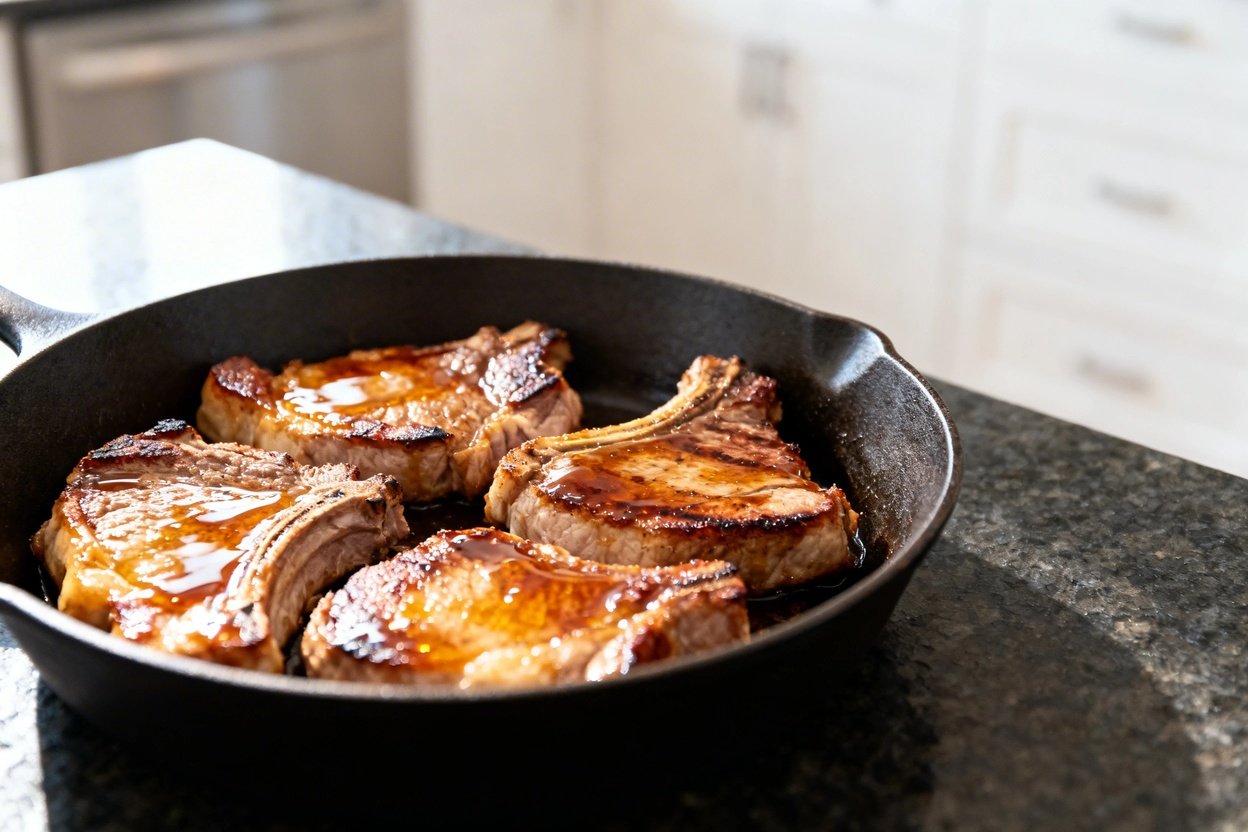 Hops at a slight angle, approximately 30–40 degrees. The chops are arranged in the skillet used for
