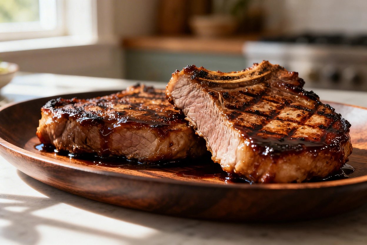 Ly 30–45 degrees focuses on the texture of the balsamic pork chops. The rich glaze and seared detail