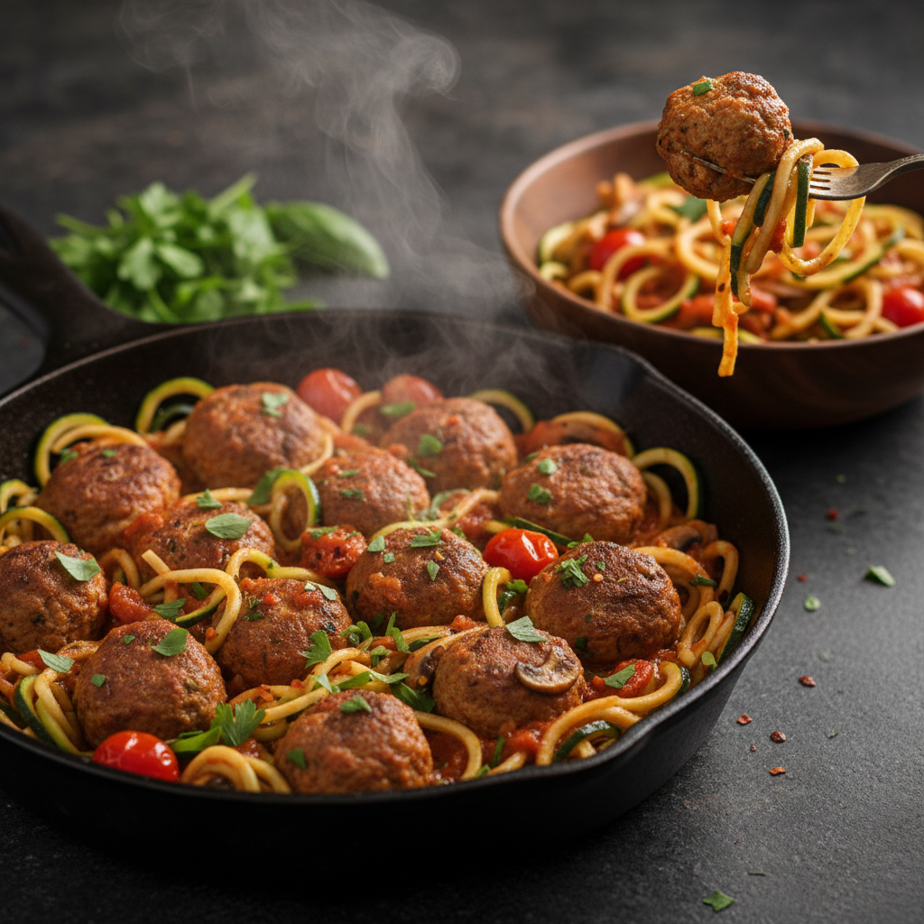 Low Glycemic Skillet Turkey Meatballs and Zucchini Noodles