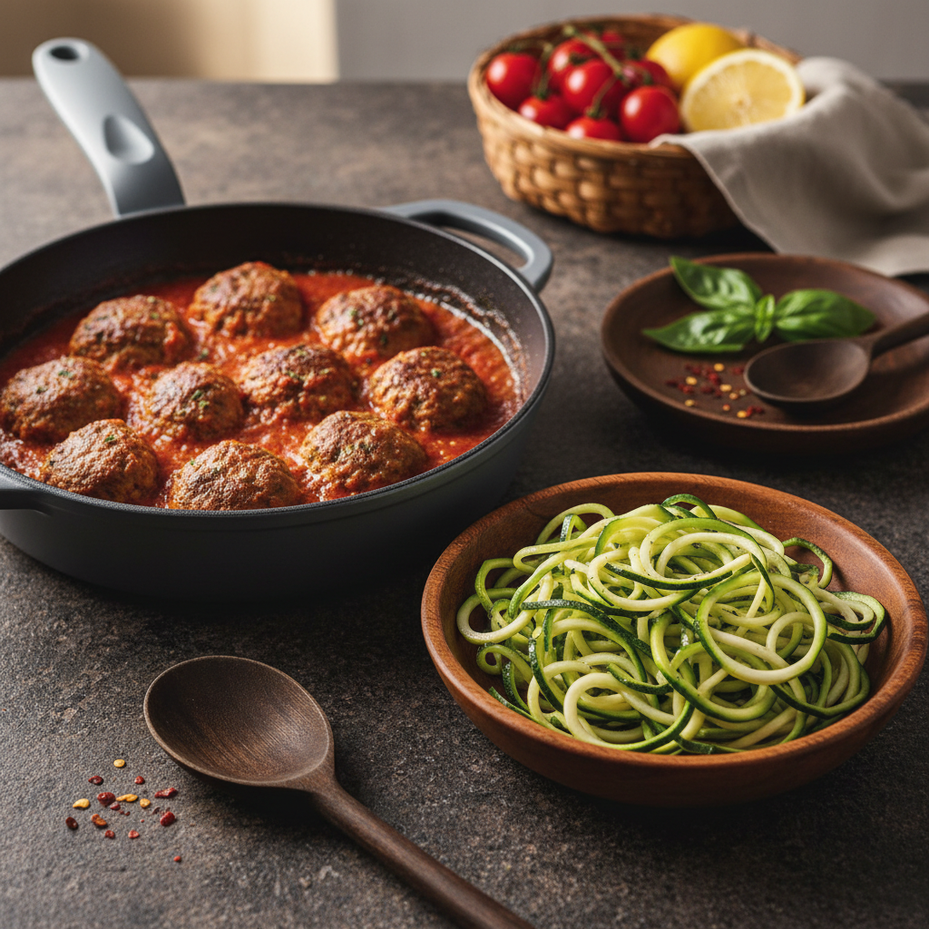 Low Glycemic Skillet Turkey Meatballs and Zucchini Noodles
